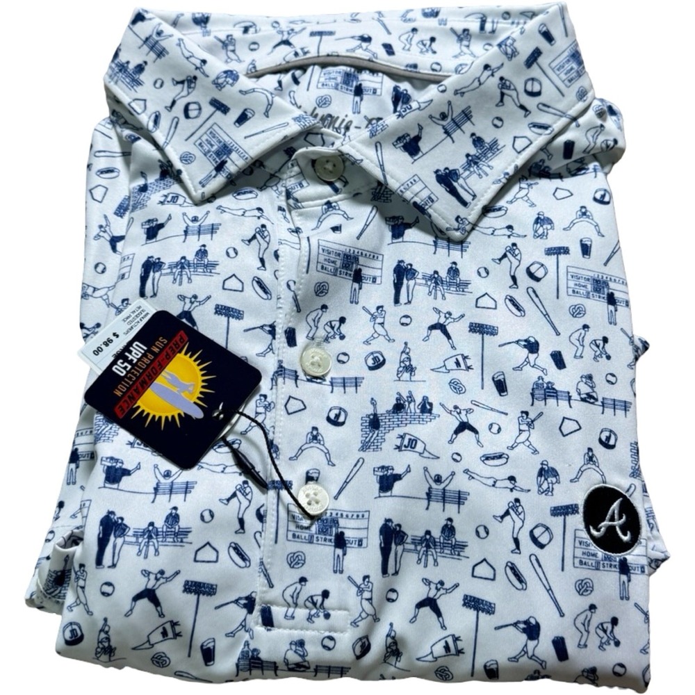 Johnnie-O Atlanta Braves Ballpark Polo Men's L Baseball Print UPF 50 NWT